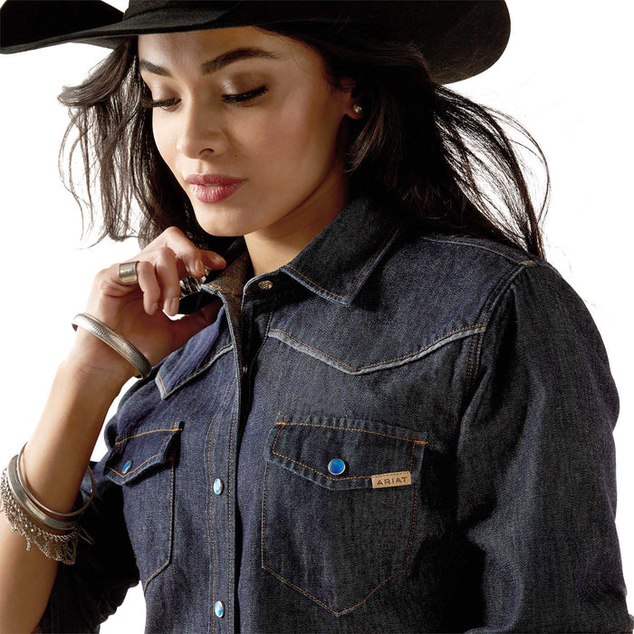 Ariat Womens Farriday Denim Longsleeve Shirt Color Blue