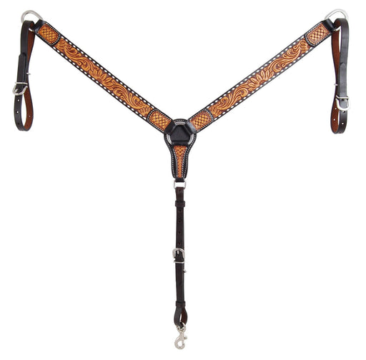 Rafter T Tooled Sunflower w/ Buckstitch Straight Breast Collar - Jeffers - Horse Supplies > Horse Tack > Breast Collars