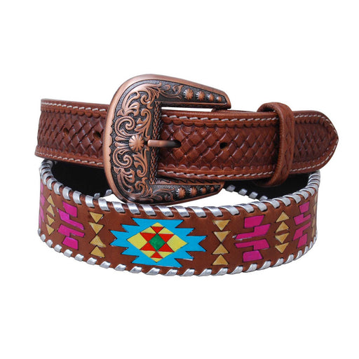 Rafter T Women's Painted Aztec & Silver Stitch Leather Belt - Jeffers - Women > Accessories, Jewelry, Handbags