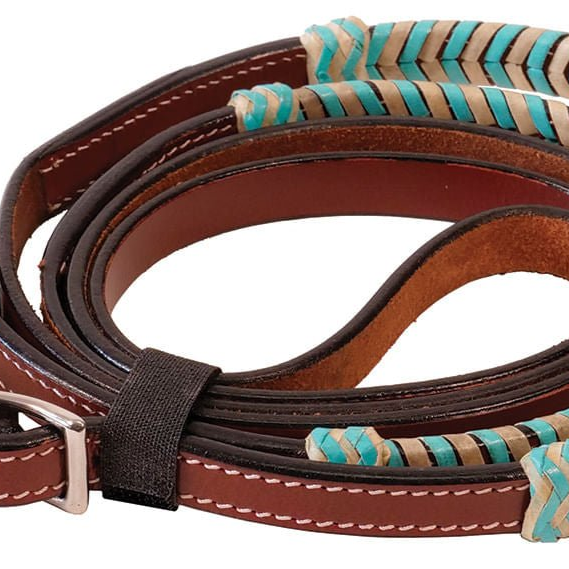 Buffalo Leather Turquoise Rawhide Laced Roping Rein, 7 ft